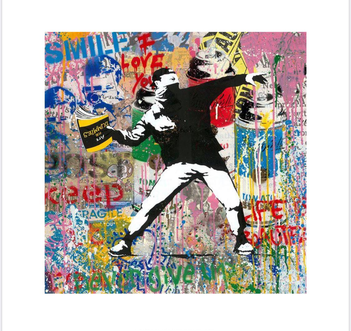 Banksy Thrower! Smile (Original) by Mr. Brainwash, 2018 silkscreen & mixed media on paper