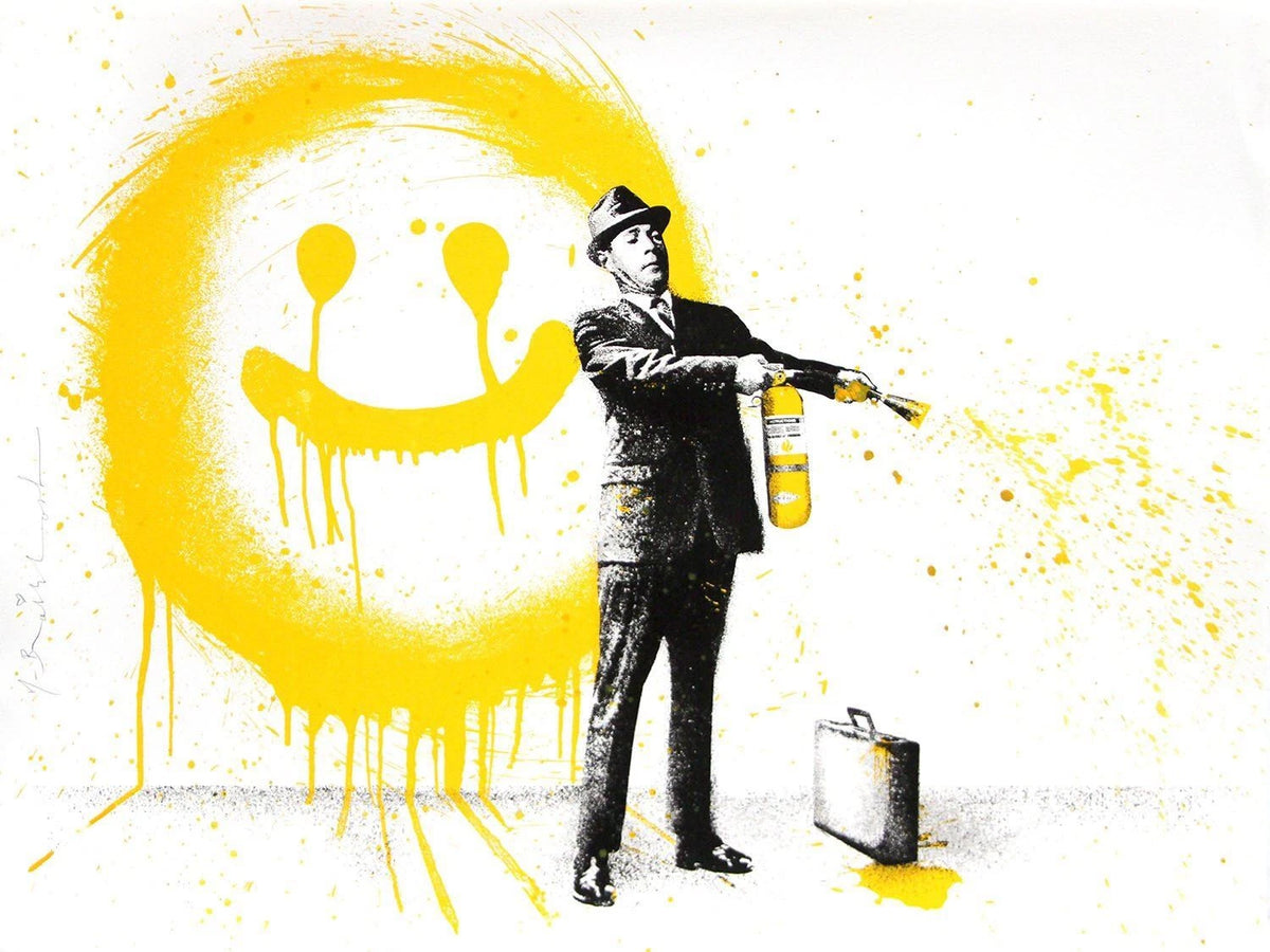 Spray Happiness (Yellow) by Mr. Brainwash, 2018 3- color screen print hand finish paint splatter