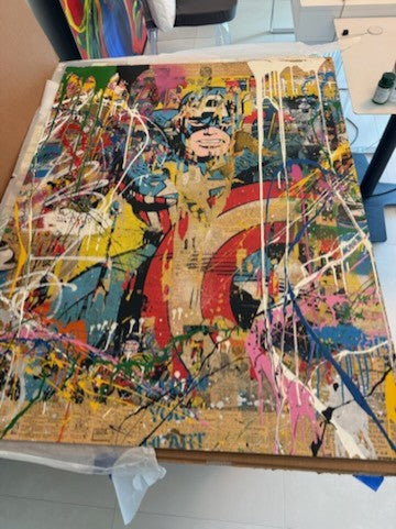 Captain America (Original) by Mr. Brainwash, 2018 mixed media on paper — detail 2