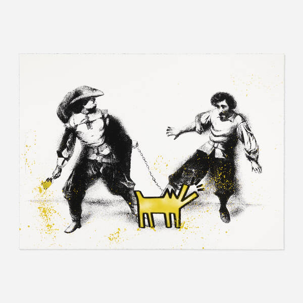 Watch Out! (Yellow) by Mr. Brainwash, 2020 1 -color limited edition screen print with hand finish with orange spray paint