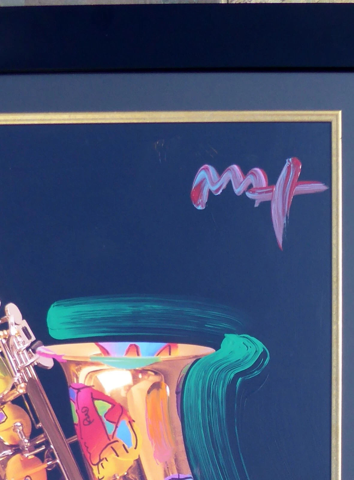 JR Saxophone (Original) by Peter Max, 2009 acrylic and mixed media on paper — detail 3