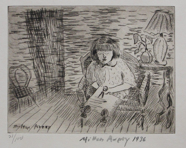 A Child Cutting by Milton Avery, 1936 drypoint