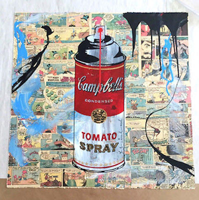 CAMPBELL'S TOMATO SPRAY COLLAGE (ORIGINAL) BY MR. BRAINWASH (22.5 X 22.5 INCHES)