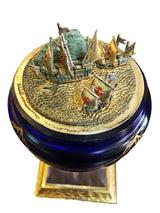 Columbus Egg by Faberge, 1990 cobalt blue crystal, sterling silver, enamel and gold