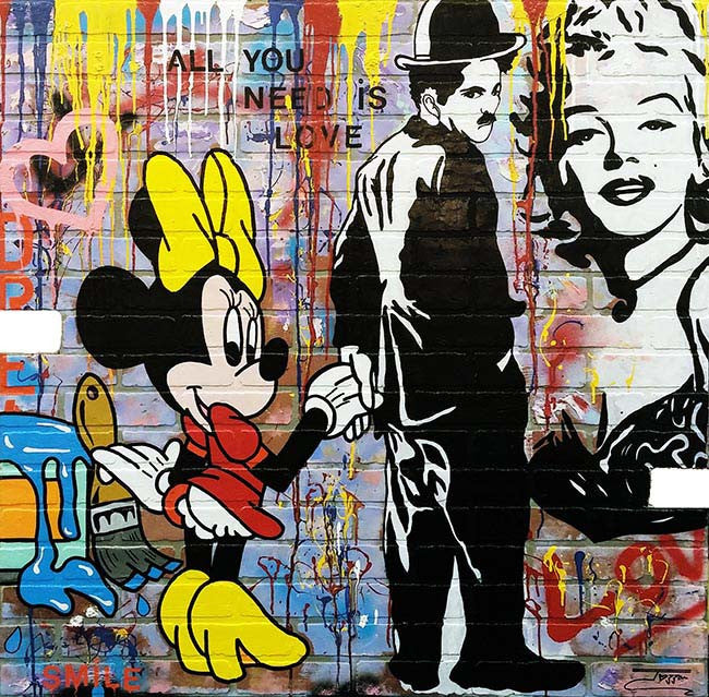 Chaplin/minnie by Jozza, 2016 acrylic on wood