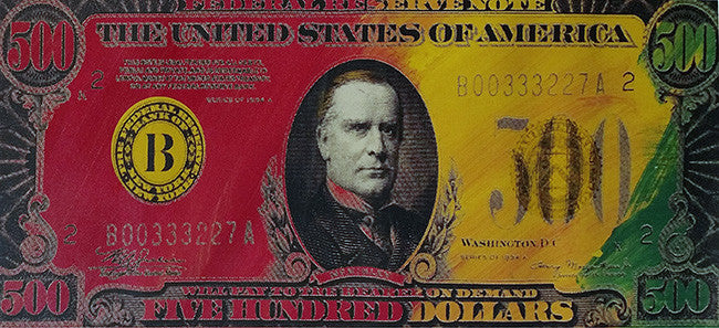 Five Hundred Dollar Bill by Steve Kaufman, 2001 mixed media on canvas, hand embellishe