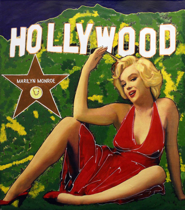 Marilyn in Red Goes to Hollywood by Steve Kaufman, hand painted unique silkscreen on canvas