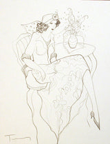 Woman with Floral Hat by Izchak Tarkay, pencil drawing on paper
