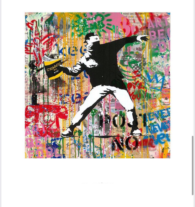 Banksy Thrower ! (Original) by Mr. Brainwash, 2020 silkscreen and mixed media on hand torn paper