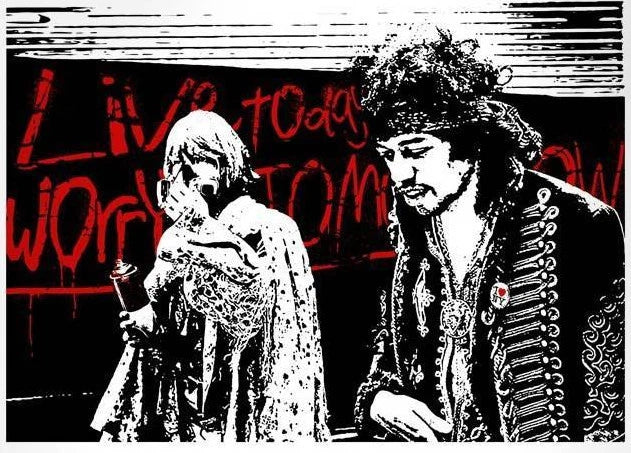 Live Today Worry Tomorrow, 2010 by Mr. Brainwash, 2010 2- color screen print hand finish paint splatter