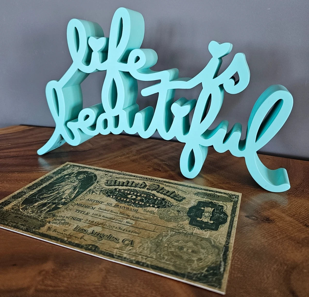 LIFE IS BEAUTIFUL SCULPTURE (MINT BLUE) BY MR. BRAINWASH