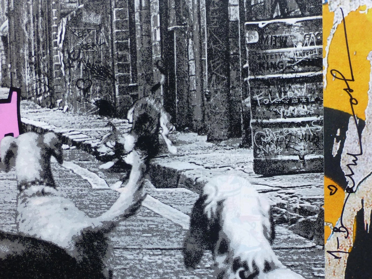 Alley Dogs (Pink) (Original) by Mr. Brainwash, 2022 silkscreen and mixed media on archival paper — detail 2