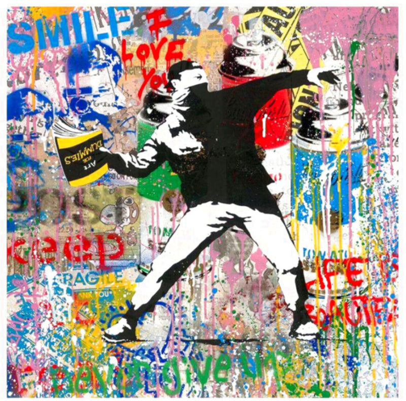 BANKSY THROWER! SMILE (ORIGINAL) BY MR. BRAINWASH (22.5 X 22.5 INCHES)