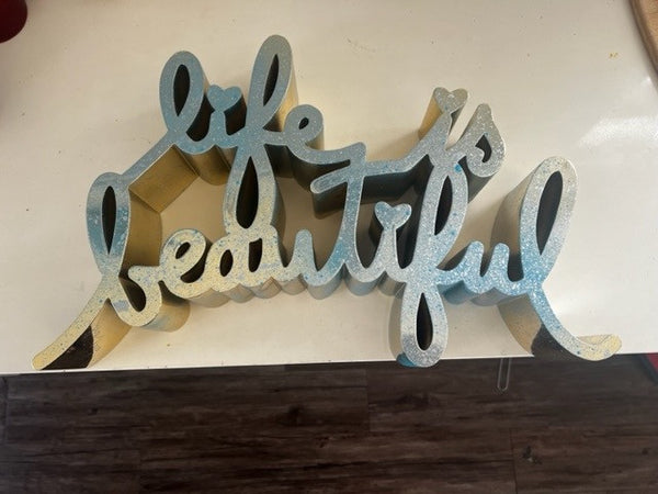 LIFE IS BEAUTIFUL (LARGE) GOLD/SILVER/BLUE BY MR. BRAINWASH