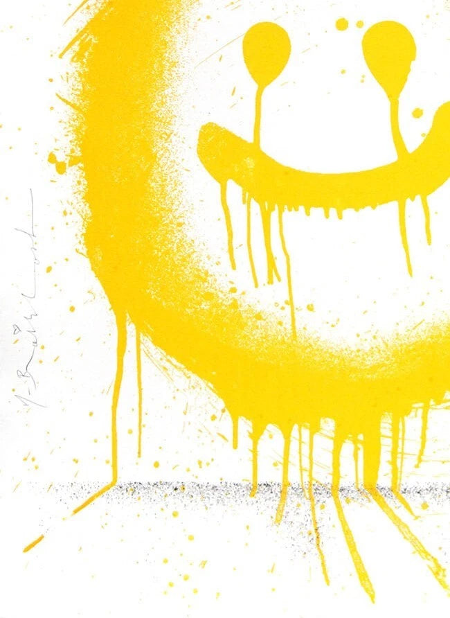 Spray Happiness (Yellow) by Mr. Brainwash, 2018 3- color screen print hand finish paint splatter — detail 2