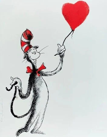 The Cat and the Heart Balloon (Red) by Mr. Brainwash, 2020 screen print