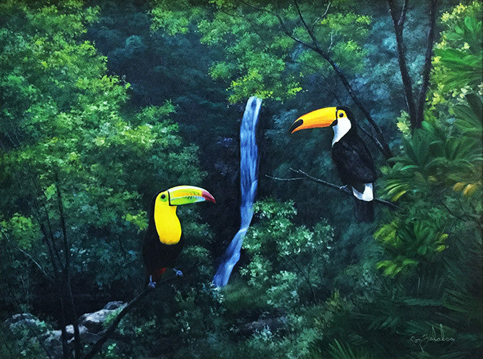 Toucans by Ron Balaban, oil on canvas — detail 2