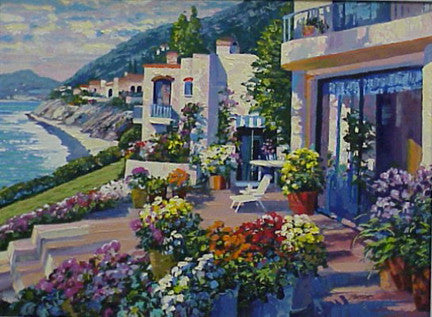 Pacific Patio by Howard Behrens, serigraph, on canvas, with overpaint