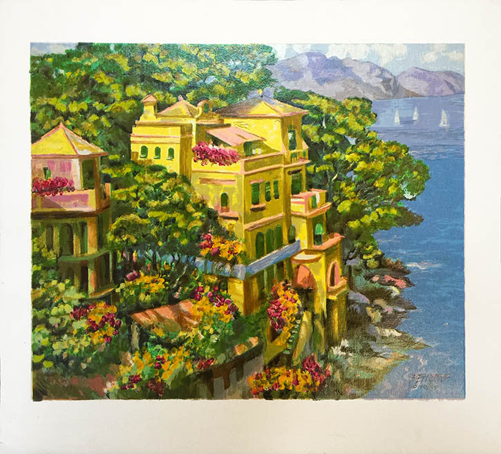 Villa Portofino by Howard Behrens, embellished screenprint on canvas