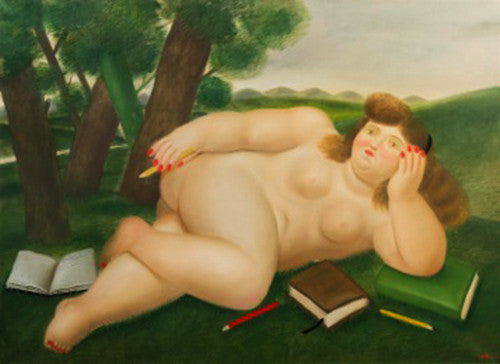 Reclining Nude with Books and Pencils on Lawn by Fernando Botero, 1982 oil on canvas