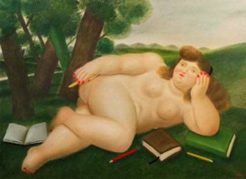 RECLINING NUDE WITH BOOKS AND PENCILS ON LAWN BY FERNANDO BOTERO