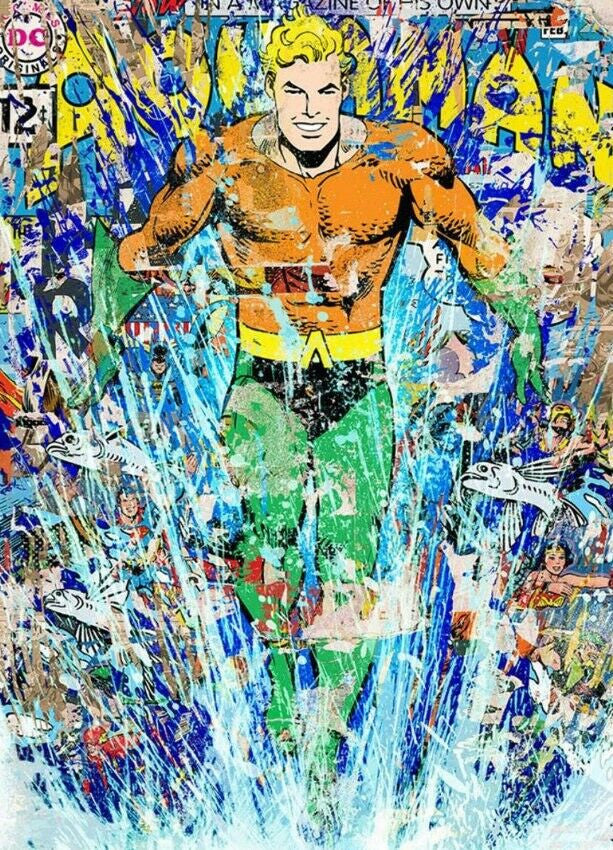 Aquaman by Mr. Brainwash, 2018 10 color screen print on torn archival art paper