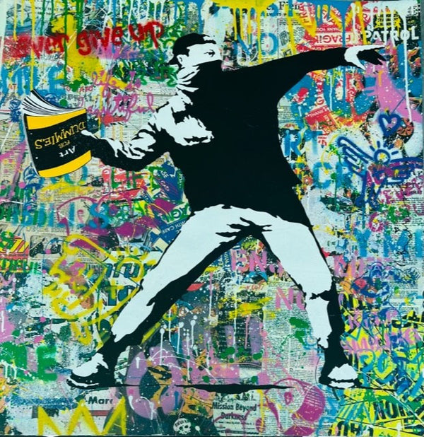 BANKSY THROWER ! NEVER GIVE UP (ORIGINAL) BY MR. BRAINWASH (36 X 36 INCHES)