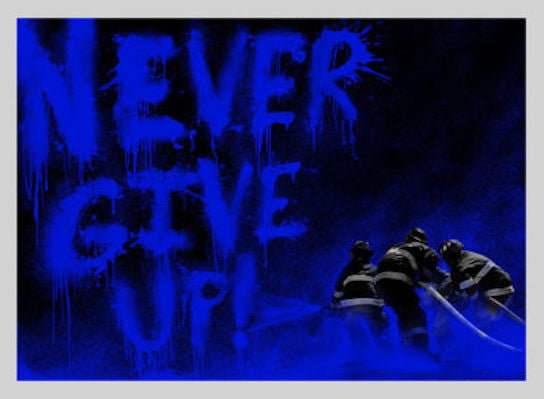 Superheroes (Blue) Never Give Up by Mr. Brainwash, 2018 3- color screen print