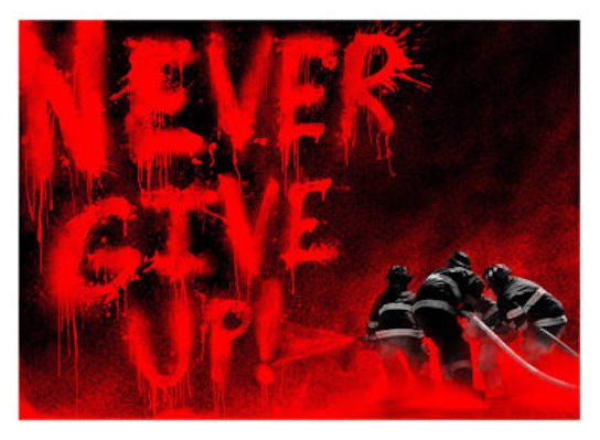 Superheroes (Red) Never Give Up by Mr. Brainwash, 2018 3- color screen print