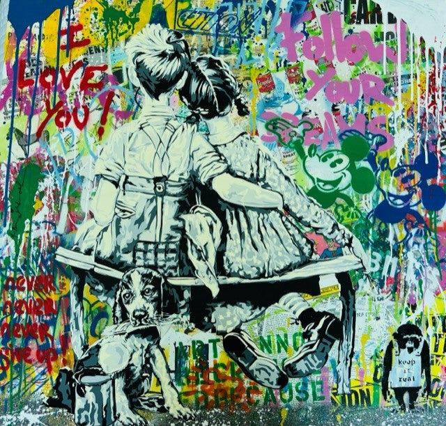 WORK WELL TOGETHER ! I LOVE YOU (ORIGINAL) BY MR. BRAINWASH (36 X 36 INCHES)
