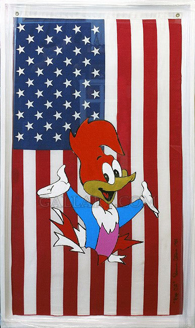Pop Out by Ronnie Cutrone, 1988 acrylic & silkscreen on flag