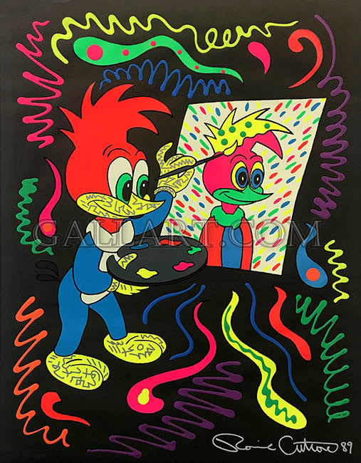 Putting Your Face on (Black Unique) by Ron Cutrone, 1989 hand embellished serigraph