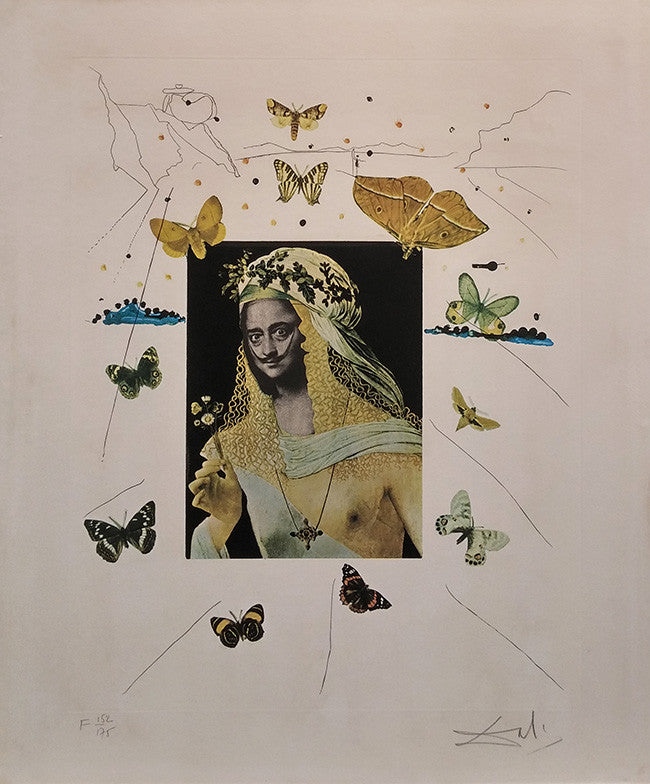 Surrealistic of Dali Surrounded by Butterflies by Salvador Dali, 1971 drypoint etching on lithograph
