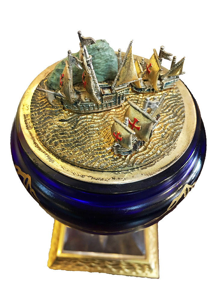 Columbus Egg by Faberge, 1990 cobalt blue crystal, sterling silver, enamel and gold