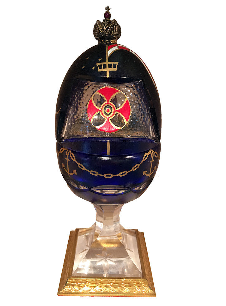 Columbus Egg by Faberge, 1990 cobalt blue crystal, sterling silver, enamel and gold — detail 2