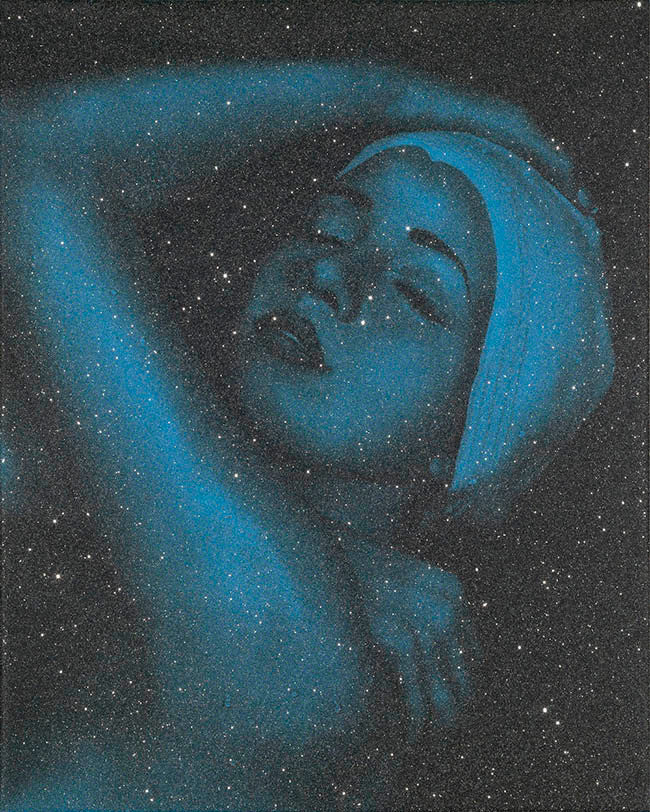 Shower Portrait (Blue) by Carole A. Feuerman, 2012 silkscreen on canvas with diamond dust