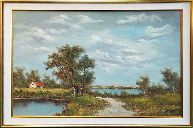Cottage by the Lake by Fischer, oil on canvas