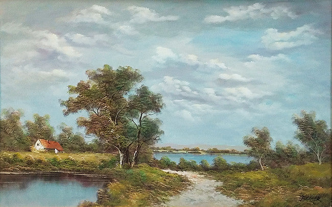 Cottage by the Lake by Fischer, oil on canvas — detail 2