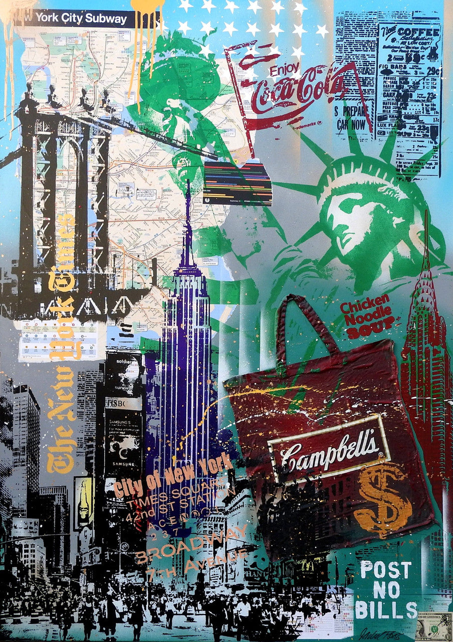Nyc Green Liberty and Campbell's Bag by Michel Friess, 2016 silkscreen and mixed media on canvas