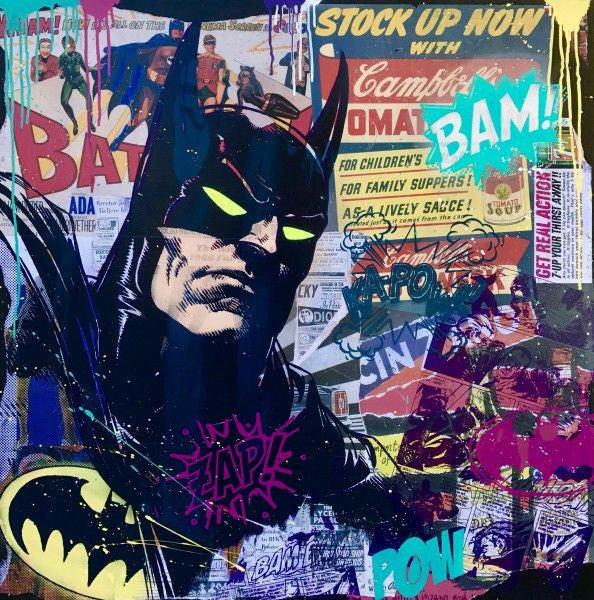 Batman Old Adds by Michel Friess, 2016 silkscreen and mixed media on canvas