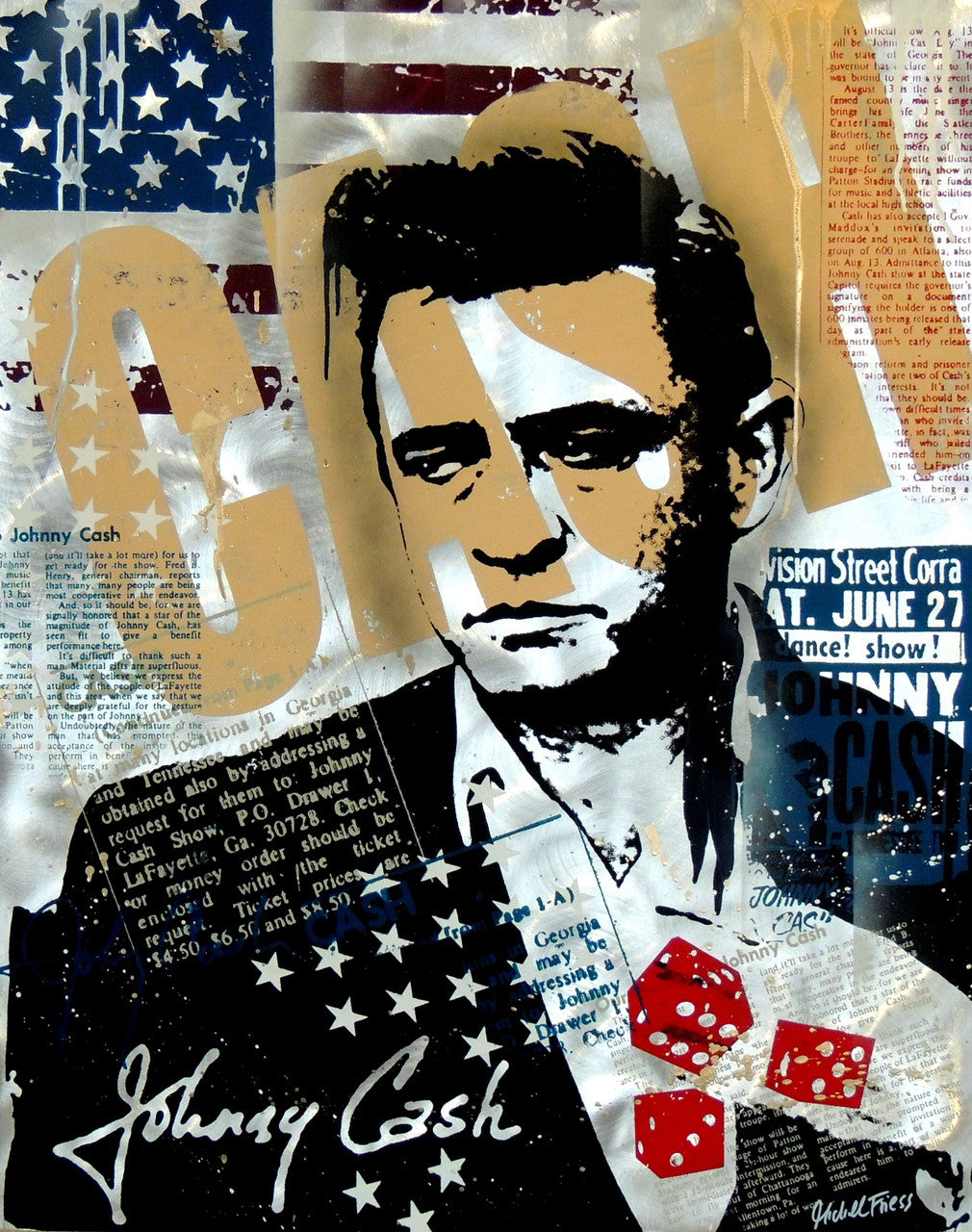 Johnny Cash by Michel Friess, 2016 silkscreen and mixed media on aluminum