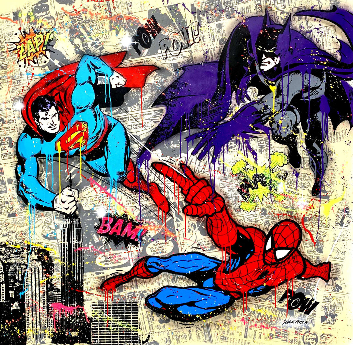 My Super Heroes by Michel Friess, 2016 silkscreen and mixed media on canvas