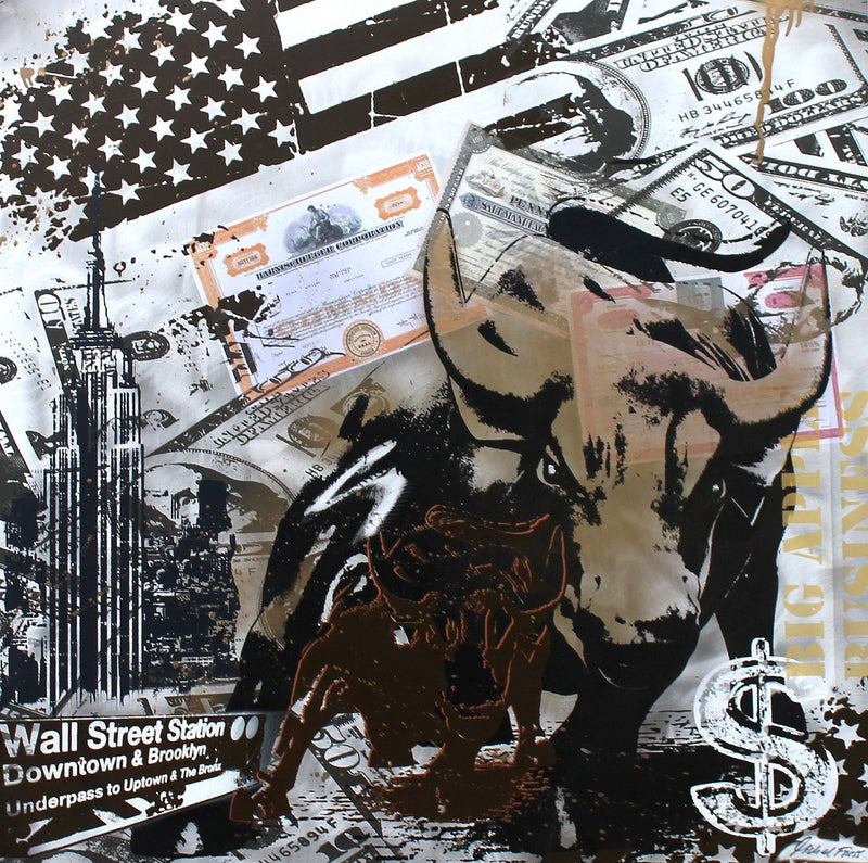 Wallstreet Bull by Michel Friess, 2016 silkscreen and mixed media on aluminum