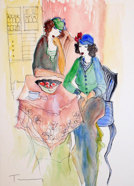 At the Kitchen Table (Watercolor) by Itzchack Tarkay, watercolor on paper
