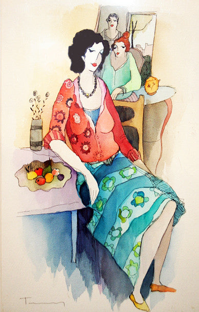 At the Salon (Watercolor) by Itzchack Tarkay