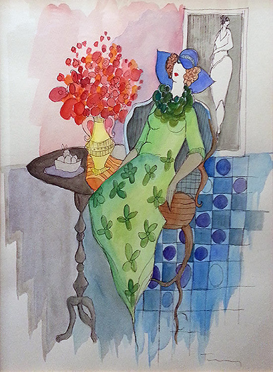 Green Dress (Watercolor) by Itzchack Tarkay, watercolor on paper — detail 2