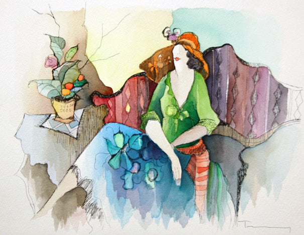 Orange Hat (Watercolor) by Itzchack Tarkay