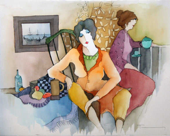 Quiet at Tea Time (Watercolor) by Itzchack Tarkay