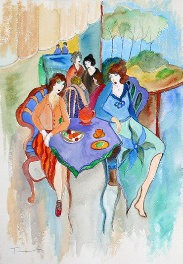 Spring Day in the Cafe (Watercolor) by Itzchack Tarkay