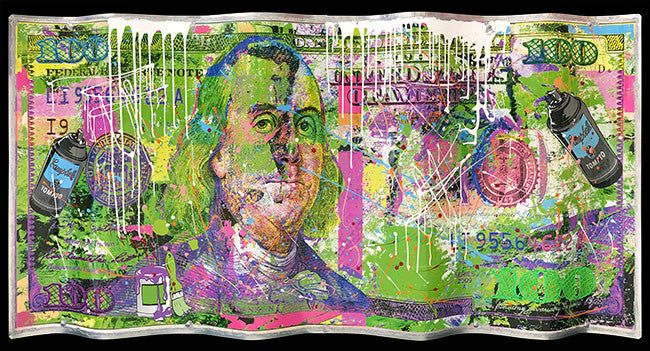 Green Benjamin by Jozza, 2021 mixed media on metallic sheet